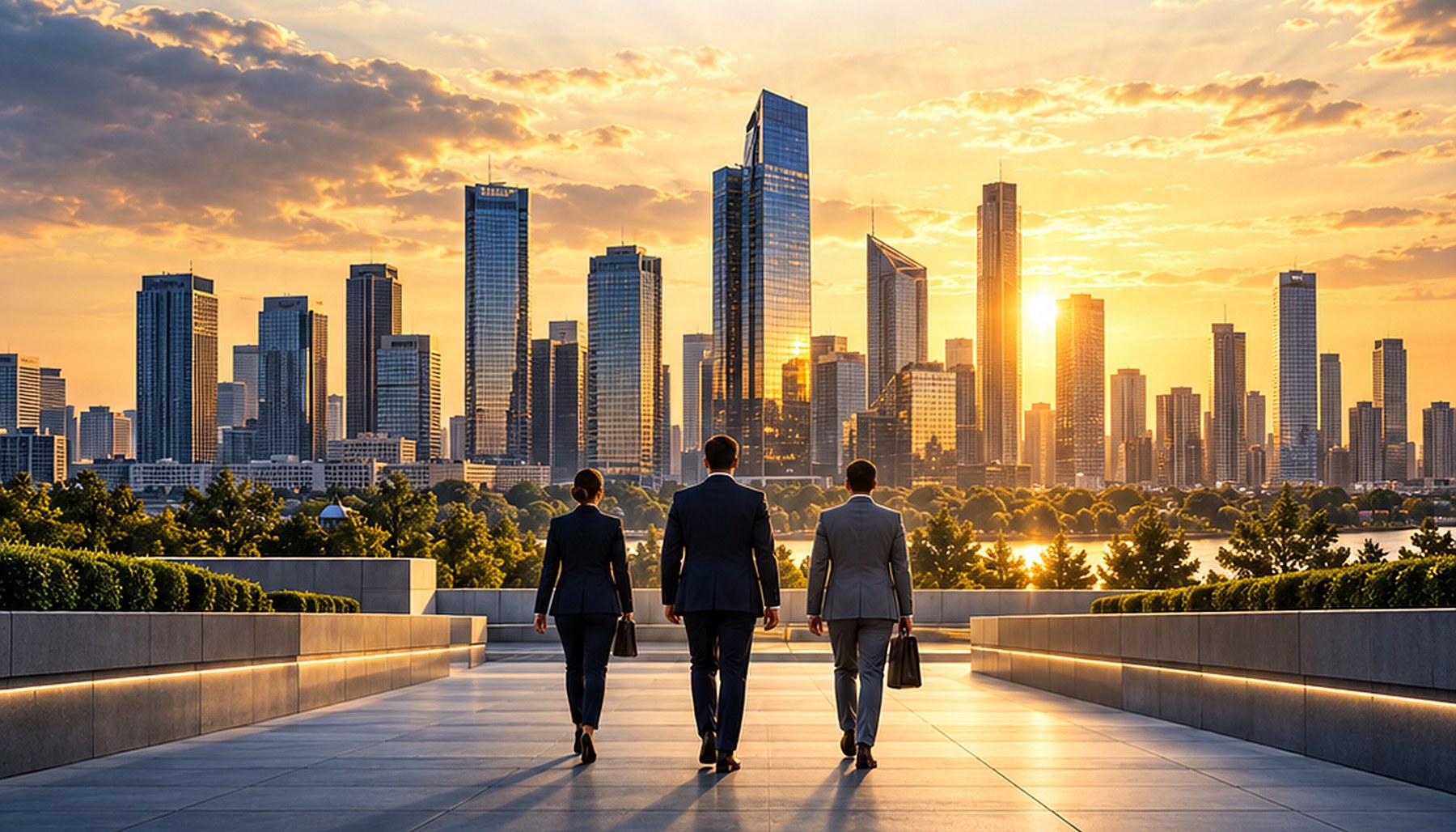 Three professionals walking toward a sunlit city skyline
